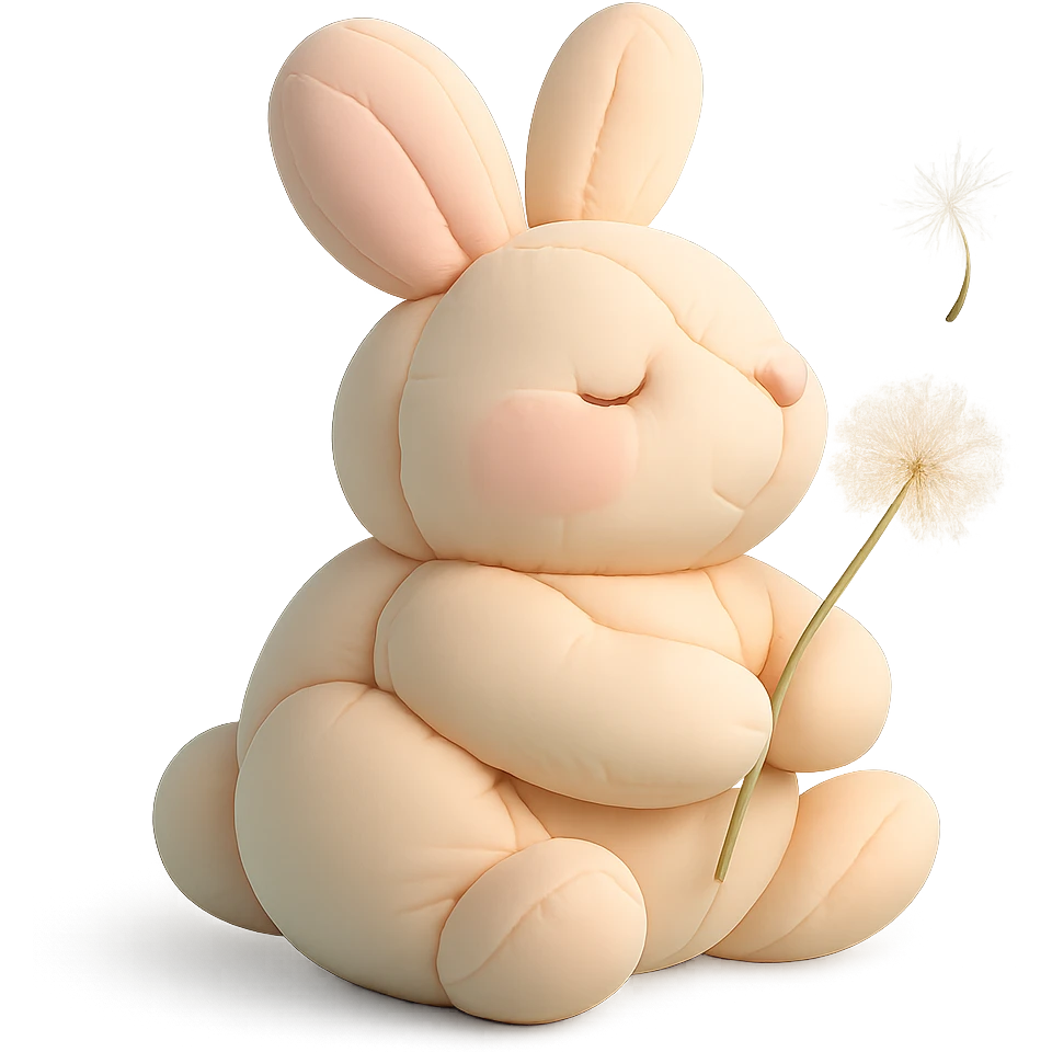 bunny holding a dandelion in the breeze, gentle spring vibe, soft pastel colors, transparent background, cushion style emoji