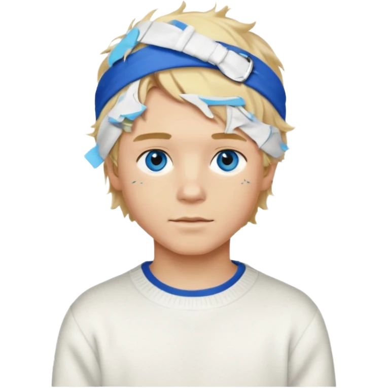 Create a look for a blond boy with long, tousled hair, light eyes, a white sweater, a wealthy appearance, blue eyes, and accessories like a Rolex or Cartier watch, and a cute face with messy hair down. blue eyes + headband white emoji