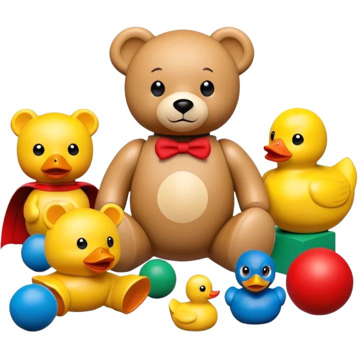 colorful children's toys scattered - teddy bear, yellow duck, wooden blocks, red ball, superhero figure emoji