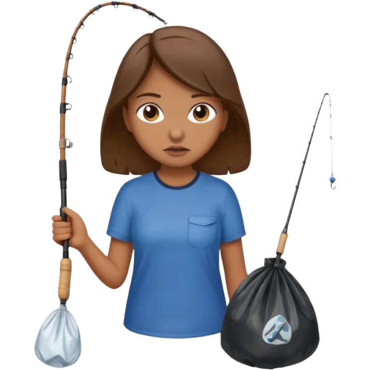 girl fishing, caught trash bag on rod emoji