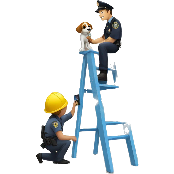 A child on a ladder who is painting on a wall, while a police officer and its dog is staring from the ground to the child, there is also a camera pointed towards the child  emoji