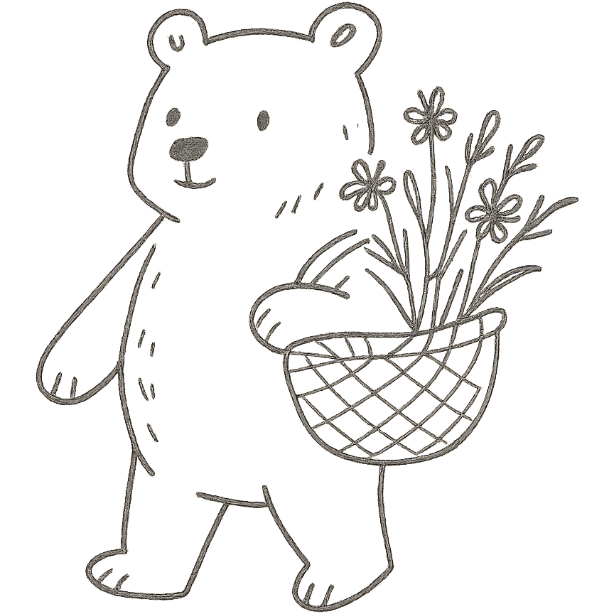 bear carrying a basket of wildflowers, soft pastel brown and cream, hand-drawn style emoji