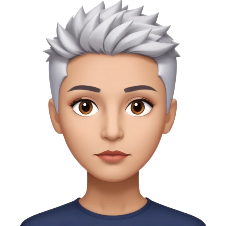 Marian Pabón with elegant facial features, light rosy complexion, expressive made-up eyes, medium well-defined lips, sophisticated pronounced cheekbones, short spiky silver hair styled like a men's cut emoji