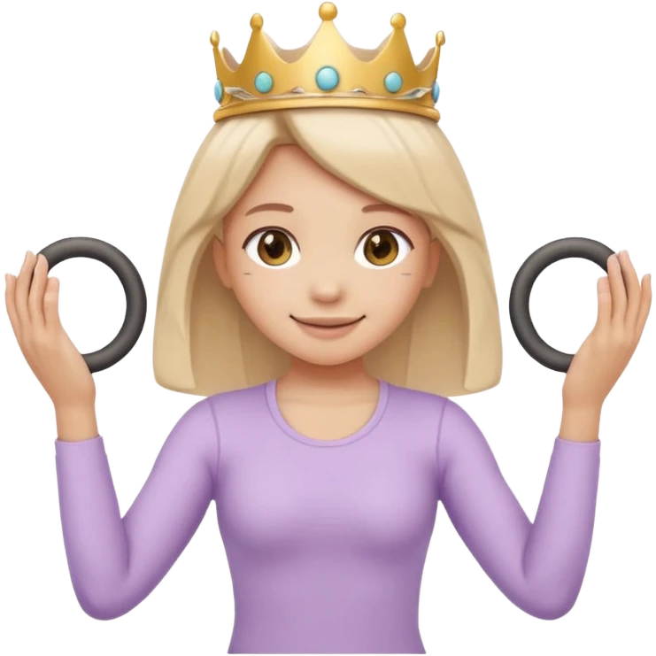Cute emoji sticker of a girl holding a Pilates ring (magic circle) with both hands, squeezing it. She is smiling, wearing a tiny crown and beige activewear. Pastel accents, kawaii style, clean white outline, transparent background. emoji