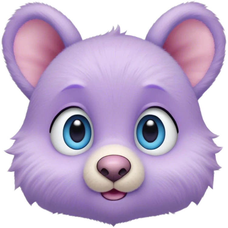 A creature with pastel purple fur and large pixar blue eyes and very small ears like a teddy bear. The nose is just a circle and very small pink. The base around the eyes, nose and mouth is white, with a blush. emoji