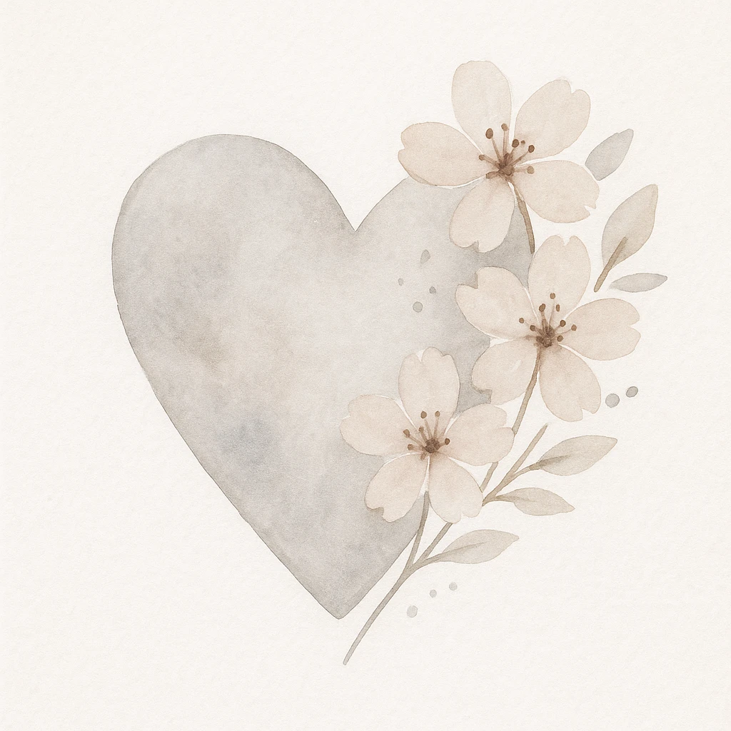 heart with sakura and silver accents, watercolor style emoji