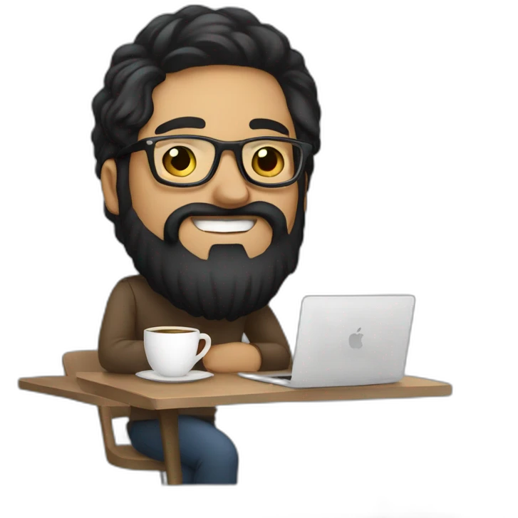 Designer with black hair, beard and glasses working with MacBook and drinking cappuccino  emoji