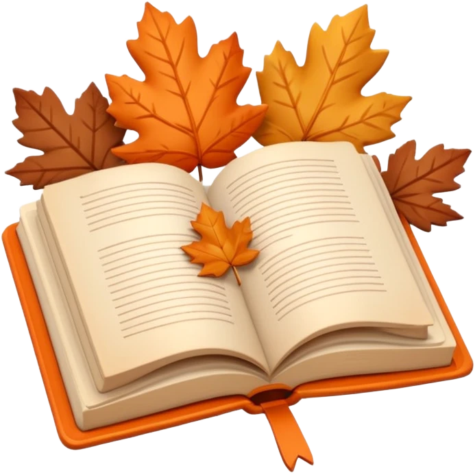 A cute 3D emoji of an open book with autumn leaves around it, cozy fall colors (orange, brown, beige), playful and modern style, glossy finish, minimalistic but expressive, symbolizing a Fall Reading Challenge. emoji