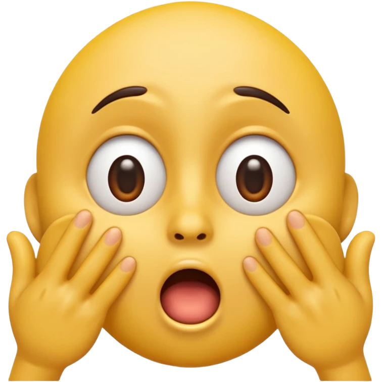 A 3D glossy yellow emoji of a shocked horrified face with no nose, with mouth and eyes are wide open, eyebrows  raised, and hands against their cheeks, black background, high quality, soft studio lighting emoji