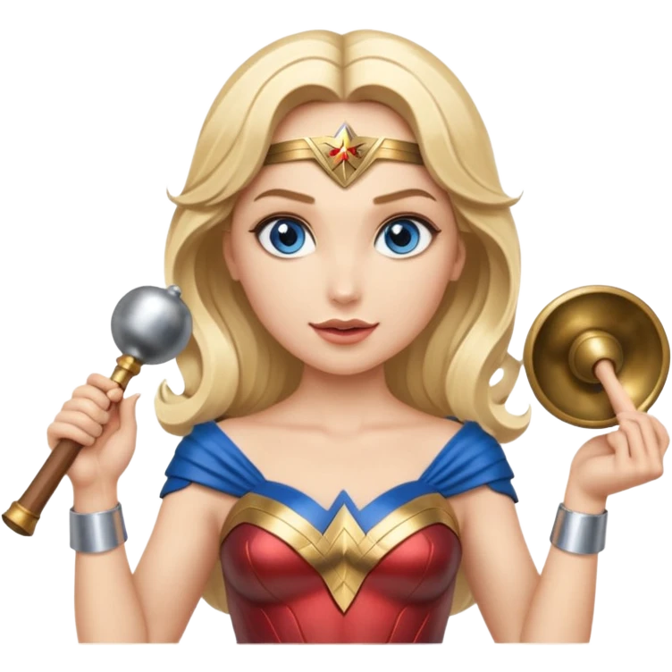 Blonde blue eyes Wonder Woman holding bell and short white orchestra conductor’s baton  emoji