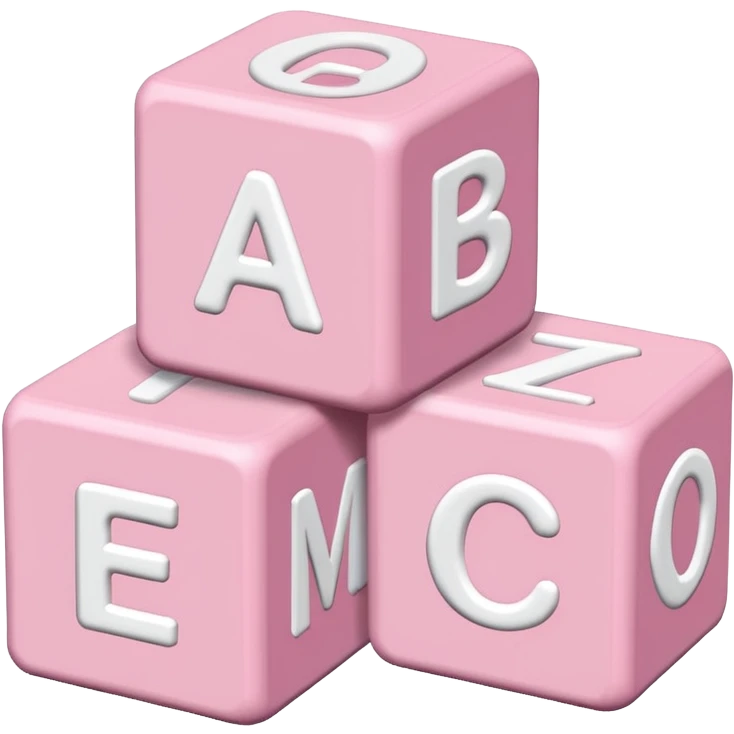three Light pink and white toy alphabet blocks stacked with different letters emoji