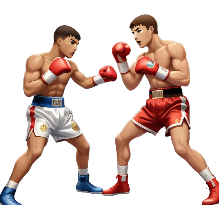 Two professional boxers in the ring, fighting for the world champion title. One delivers a long punch to the head, while the other skillfully dodges. The background features a crowded arena with bright lights and intense action. Transparent background emoji