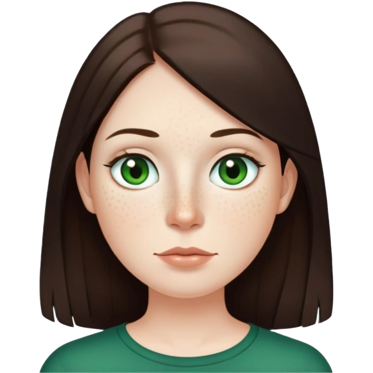 Me with white freckled skin with dark long brown straight hair , green eyes, thin top lip big bottom lip mole on the right side of my chin  emoji