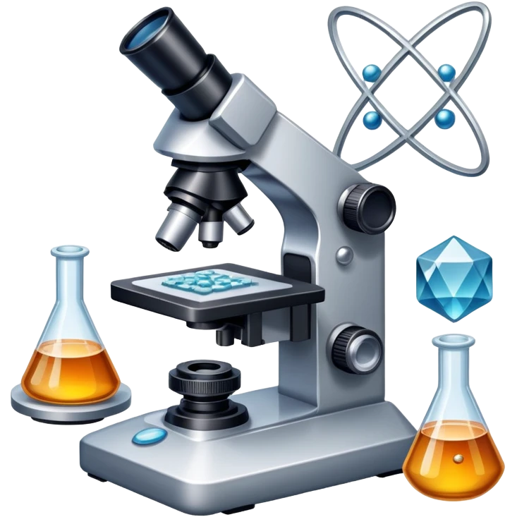An icon featuring an electronic microscope, a metal alloy, atomic structure symbols, and a crystal structure, symbolizing materials science. The design includes different materials like metals, ceramics and polymers, alongside a stamp representing testing and quality control. Transparent background emoji