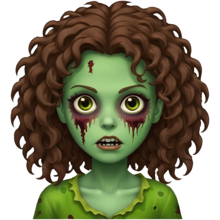 Faça uma garota zombie de cabelo cacheado castanho, olhos castanhos escuro e pele verde d zombie, com o cabelo grande emoji