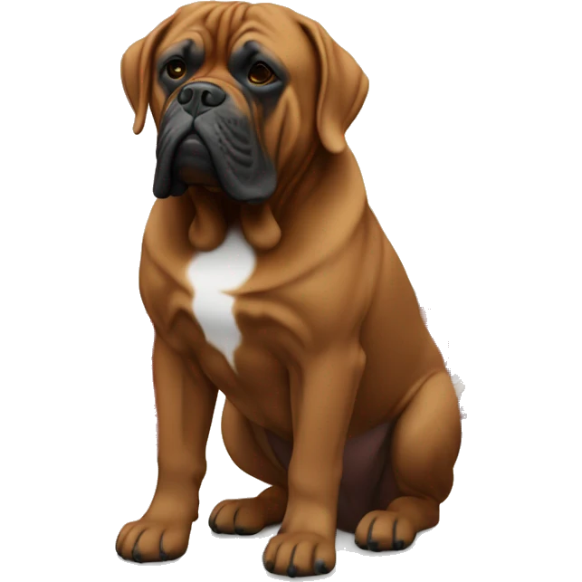 Black masked Dogue de Bordeaux in Front of a christmas tress emoji