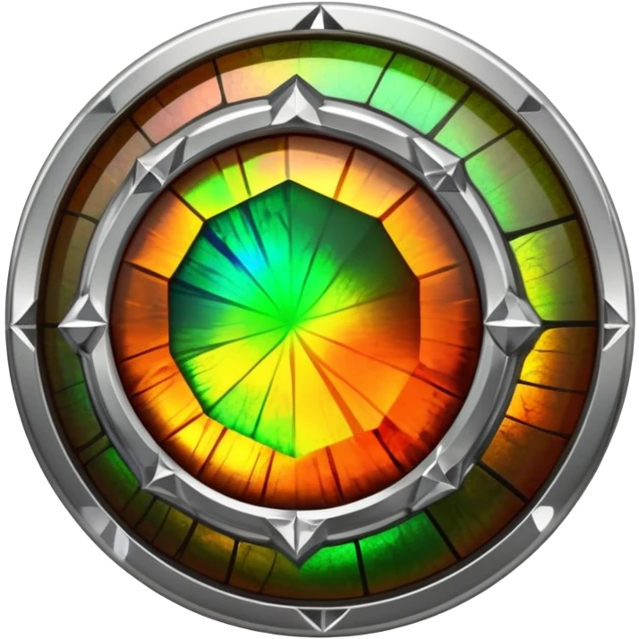 extra close-up round cut ammolite gemstone with holographic effect, silver metal accent, focus on gem facets emoji