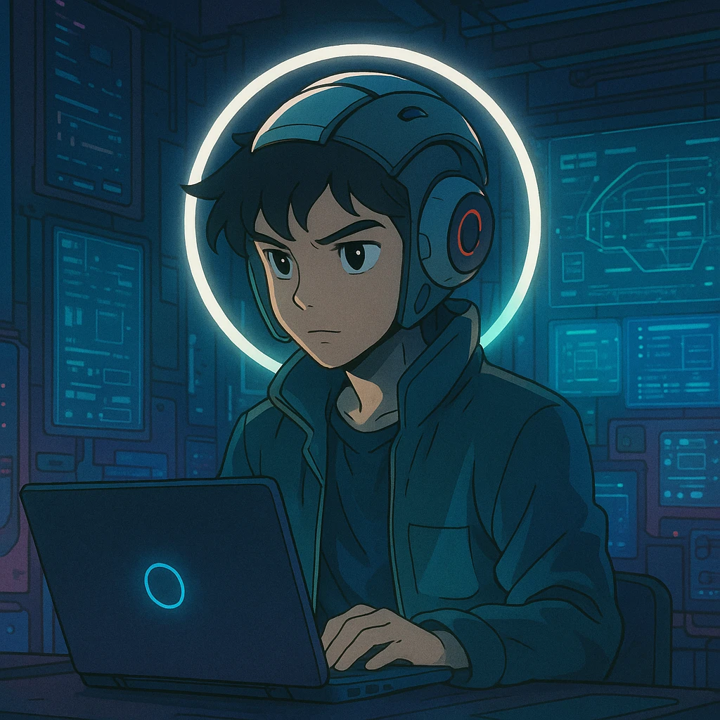 ghibli style futuristic tech boy with robot helmet, glowing white circle, high-tech laptop, neon cyberpunk room, holographic displays, focused, mysterious emoji