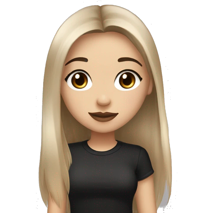 Slavic girl, light skin, long eye lashes, pink beige lipstick, brown eyes, long black-to-blonde ombre straight hair, black T-shirt, chibi, smiling. emoji