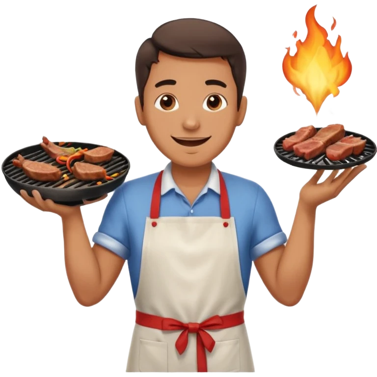 A cheerful man in an apron flipping meat on a sizzling grill with smoke puffing upward. emoji