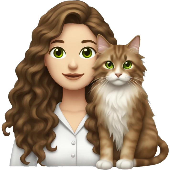White brunette long wavy hair woman with green eyes holding a brown Maine coon cat  emoji
