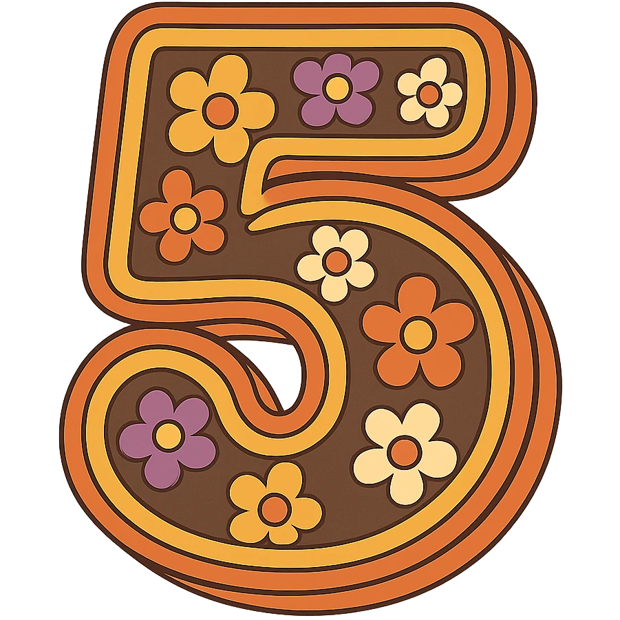 number 5 in retro 70s style, outlined with floral patterns, orange, yellow, brown, and purple emoji