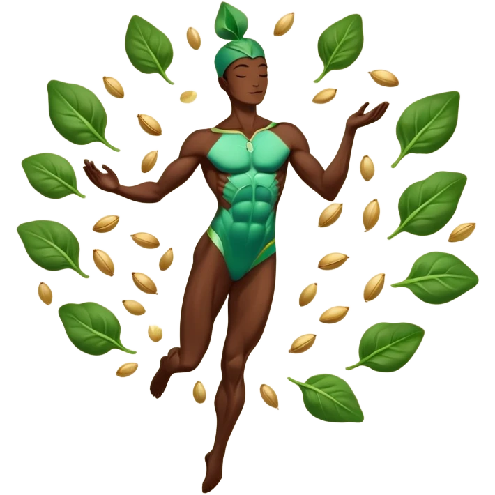 Floating spinach leaves, golden almonds, shining dark chocolate pieces, and ethereal seeds orbiting around a resting body silhouette. Soft light lines flowing from these foods toward relaxed muscles and a glowing nervous system within the body, creating a calm, restorative energy. emoji