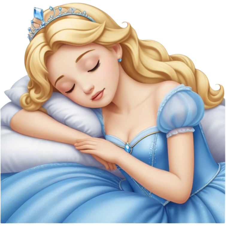 Cinematic Realistic Sleeping Cinderella Portrait, portrayed with exceptional realism: her luminous porcelain skin and exquisitely detailed golden-blonde hair lie softly under the gentle caress of natural light. Her eyes are peacefully closed in a serene, dreamlike slumber, and every fold and shimmer of her iconic ball gown is rendered with painstaking detail. The overall composition radiates a quiet, enchanting glow that encapsulates the timeless, restful beauty of a princess lost in a gentle, magical dream. emoji