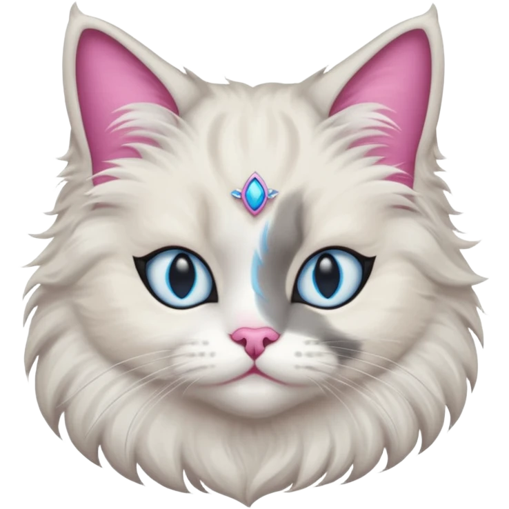 Neva masquerade cat, very fluffy, gray and white, blue eyes and pink nose. No jewelry  emoji