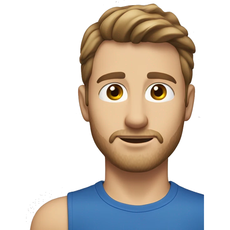 A head and shoulders shot of a 34 year old white man, with short brown hair, with stubble facial hair,   with blue eyes wearing a t-shirt. emoji