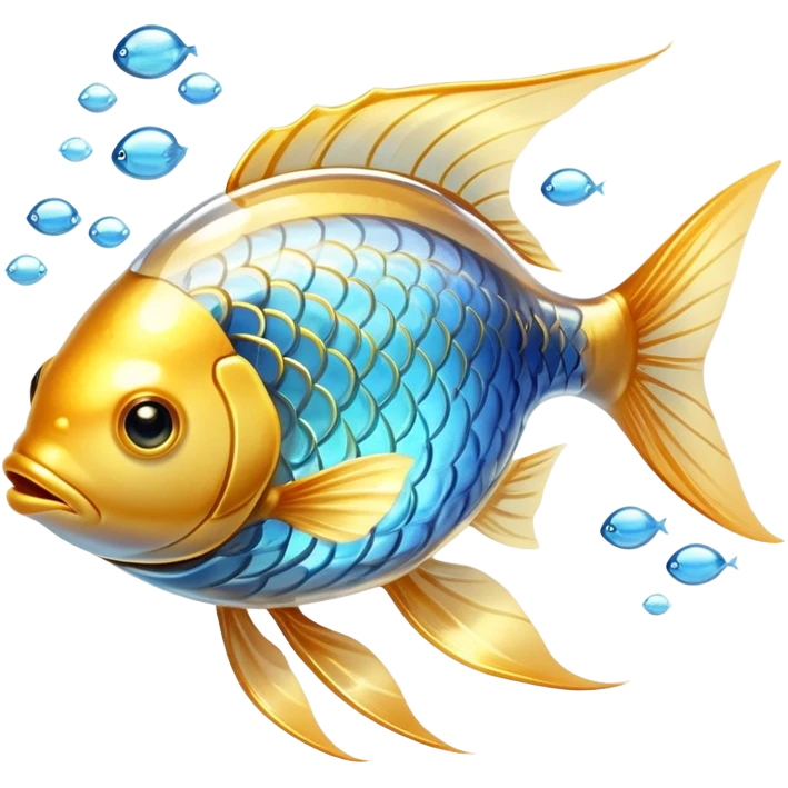 Ethereal golden fish with translucent glowing scales transforming into or carrying a shining golden omega-3 capsule. The fish appears magical and flowing, with streams of light connecting it to the capsule. Both elements emit a soft radiant glow in a dreamy atmosphere with subtle blue undertones. emoji