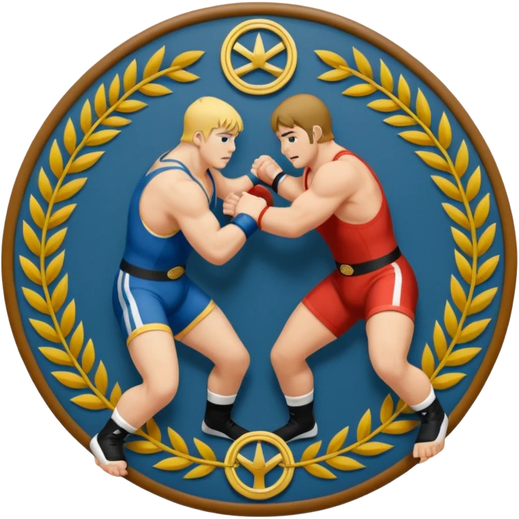 An icon symbolizing wrestling combat sports in the style of an emblem. The design features two wrestlers locked in a powerful grapple, one attempting to take the other down. Surrounding the scene are stylized elements like a championship belt, wrestling mat, and a laurel wreath. emoji