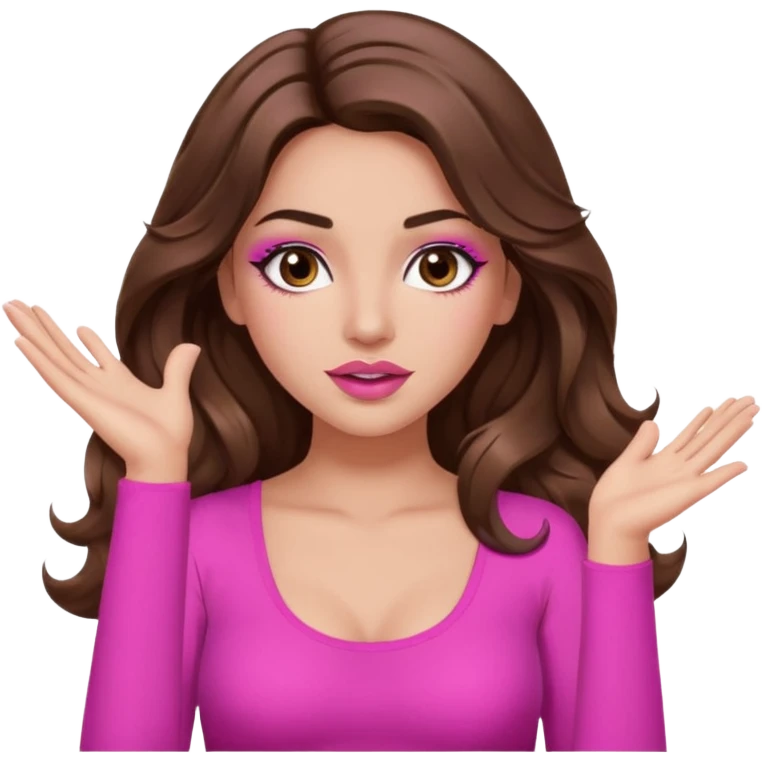 girl with long wavy brown hair, brown eyes, long lashes makeup, sexy pink lips, light to medium complexion, pink sexy top, two hands up, shrugging emoji