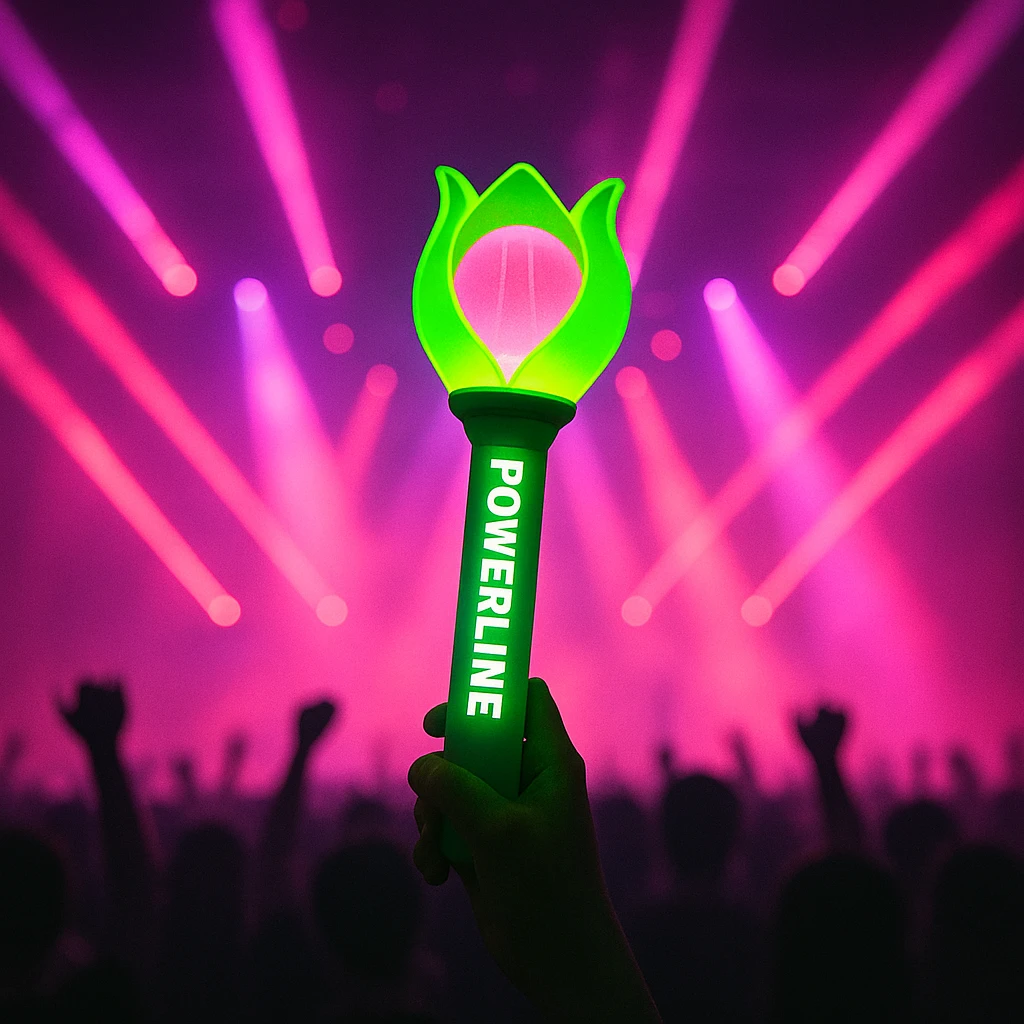 green and pink K-Pop lightstick with 'POWERLINE' on the handle, dramatic concert lighting, crowd silhouettes emoji