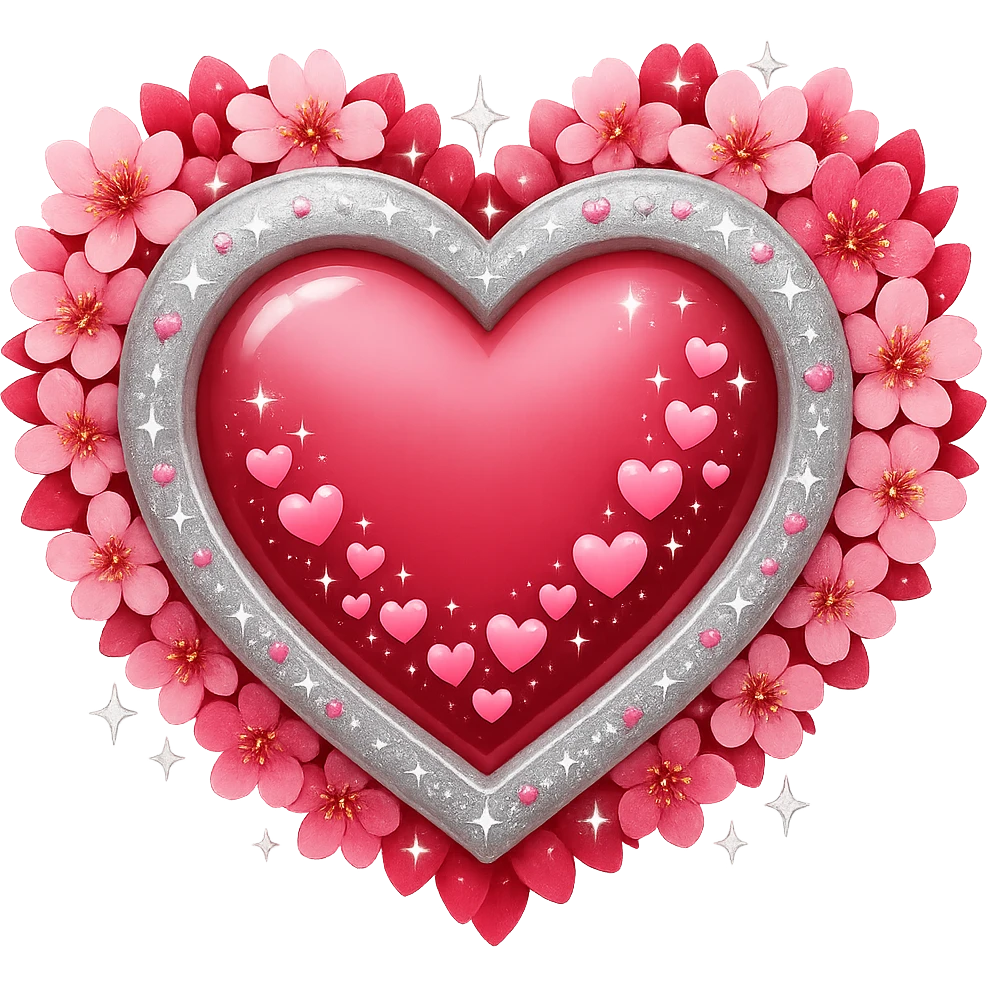 Add more silver sparkles and accents to the heart surrounded by sakura petals in the style of apple emojis. Keep the style consistent with apple emoji style and ensure no background (transparent). emoji