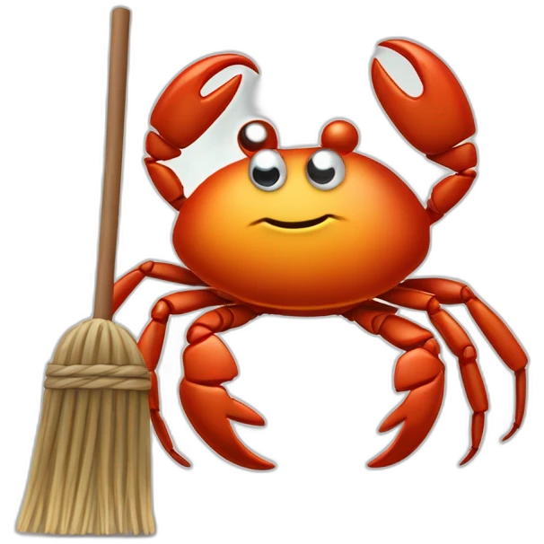 mascot crab Ferris with broom cleaning rust emoji