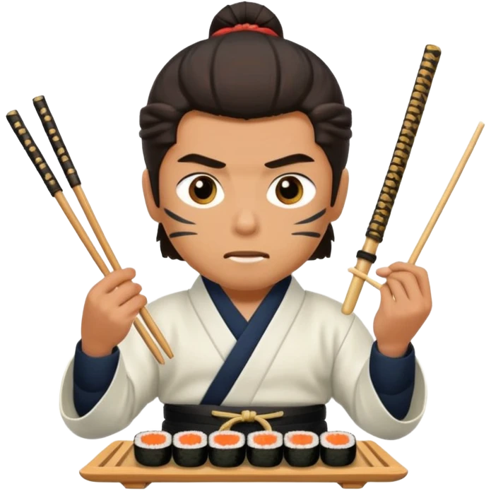 Man with wide eyes eating sushi in a samurai outfit emoji