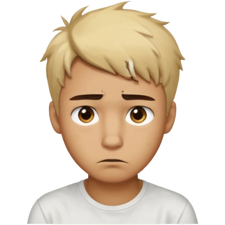caramel skin color. Teen age. Short buzz, messy blonde hair, dark brown bushy eyebrows large expressive golden-brown eyes, brown skin color, scar over nose, wearing a plain white t-shirt. Disappointed thinking facial expression. caramel skin color. 20 year old male. emoji