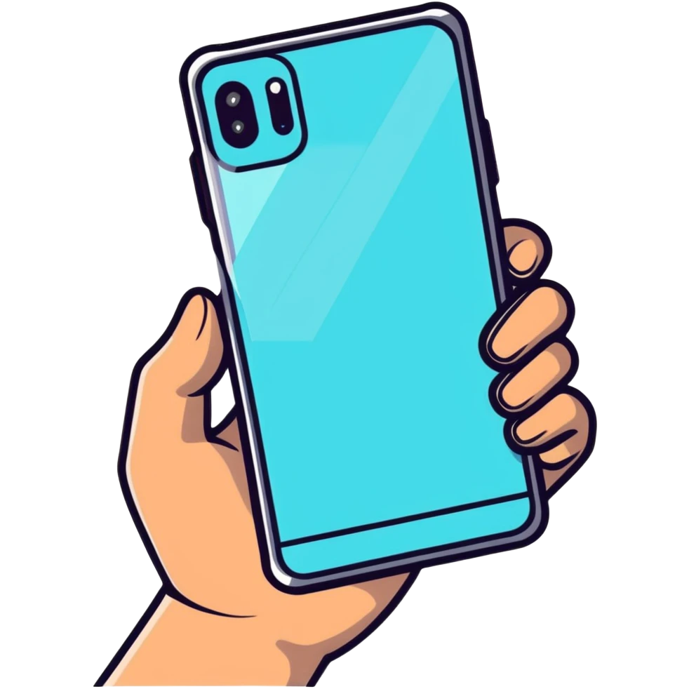 human hands holding a futuristic transparent smartphone emoji
