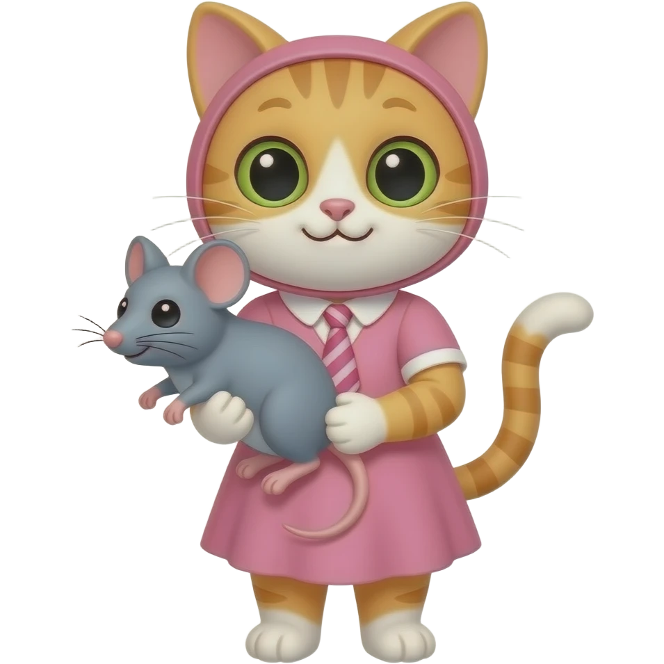 Cartoon mother cat wearing a pink dress and a tie around it's head holding a rat emoji