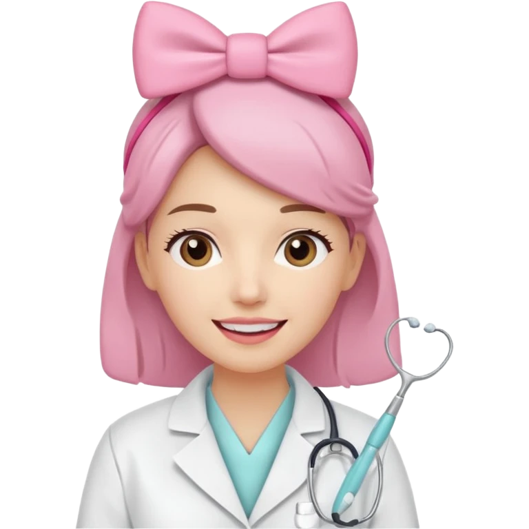 oji style illustration of a female dentist, friendly and smiling, wearing a white coat, with a small pink bow on her head, representing oral cancer awareness, caring and healing, soft colors, simple design, flat illustration, white background. emoji