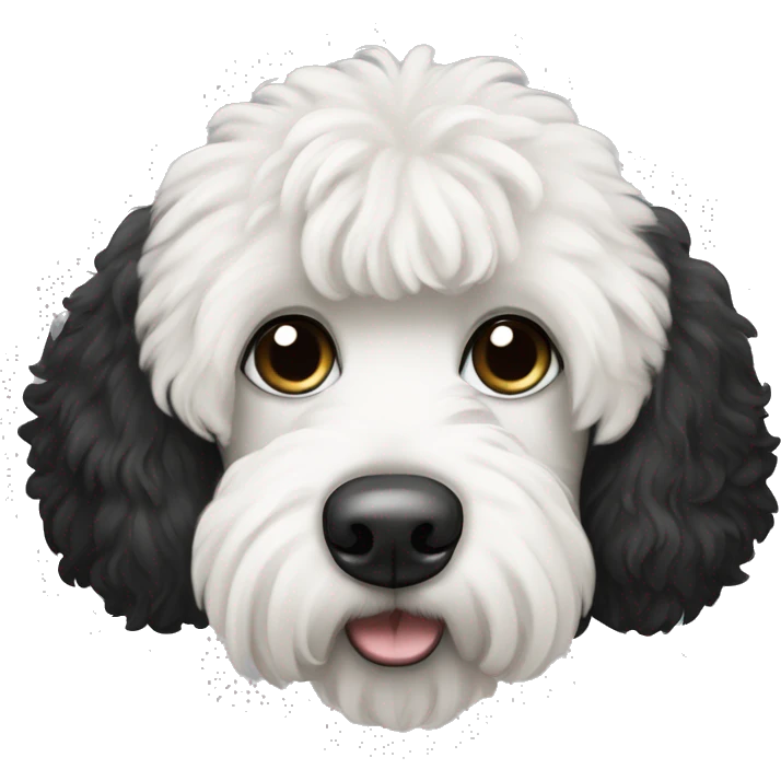 White and black labradoodle dog, black ears, black fur around left eye, white fur around right eye emoji