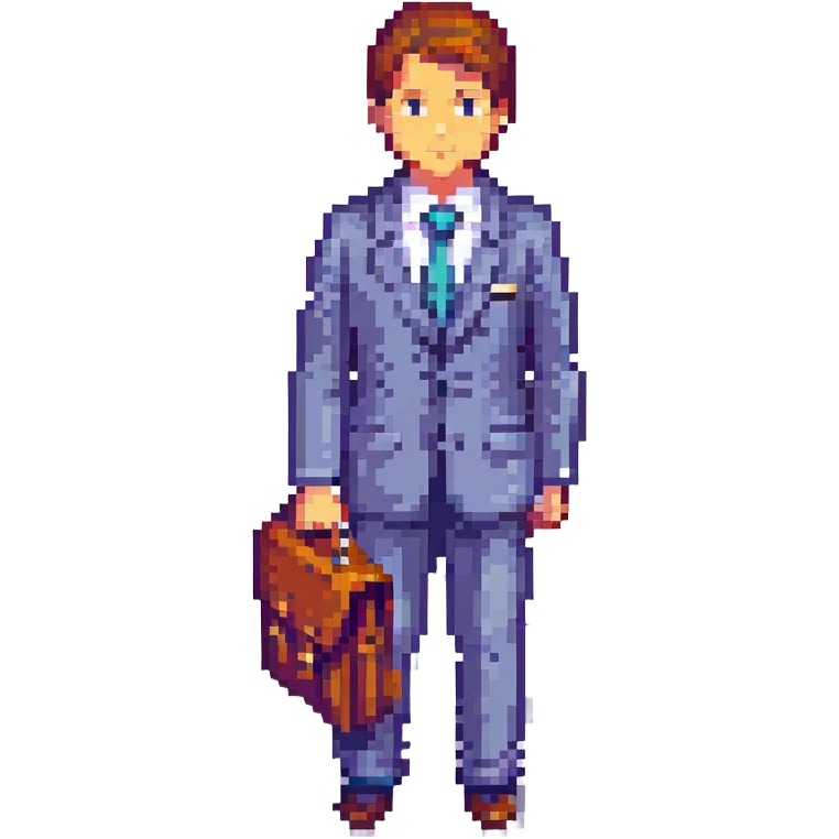 8-bit pixel art icon of a recruiter Mega Man style with a suit and tie holding a briefcase standing confidently emoji