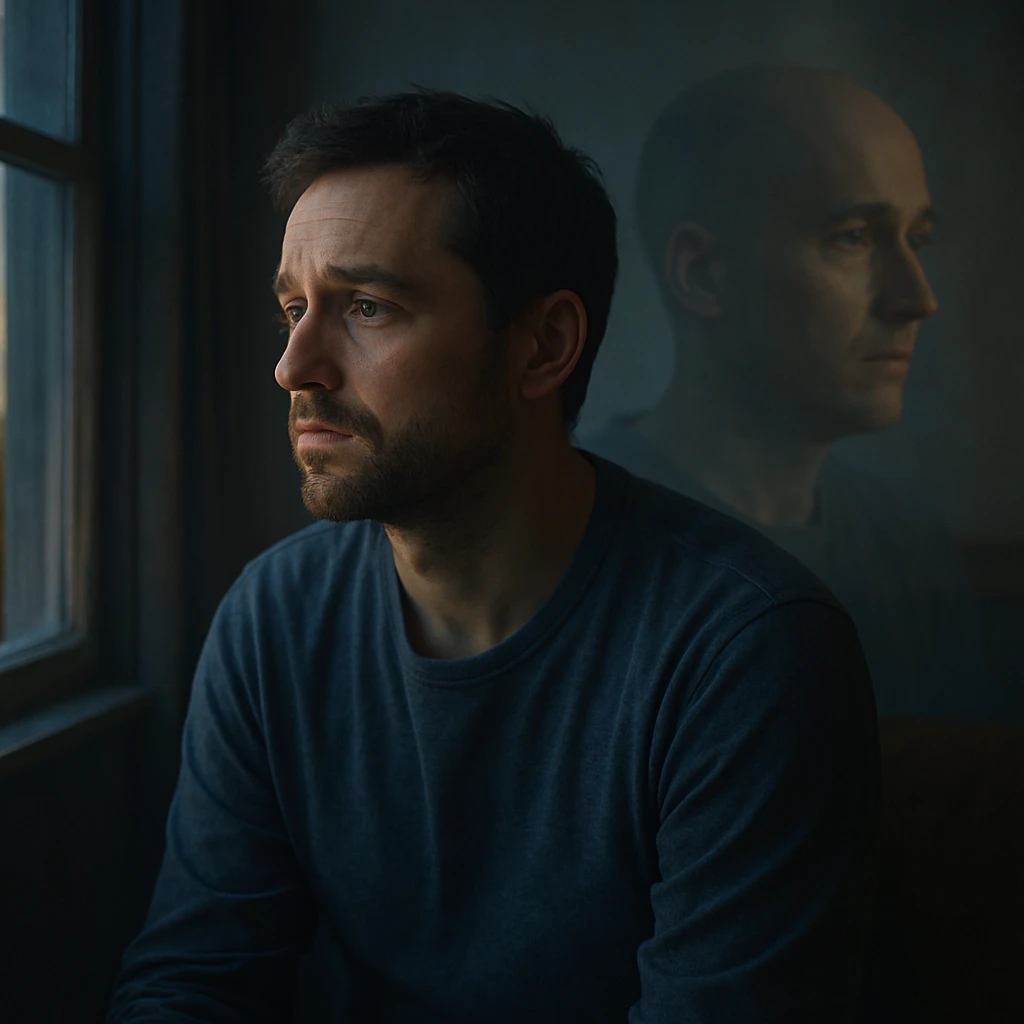 A thoughtful man sitting alone in a quiet room at dusk, gazing into the distance with an introspective, emotional expression. A faint ghostly double exposure in the background shows an alternate version of himself, symbolizing a 'what if' shaped by a life-changing diagnosis. Cinematic, emotional realism, soft lighting, symbolic duality, quiet sadness and wonder, hyperrealistic 4K. emoji