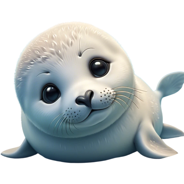 Cinematic Cute Baby Seal Portrait Emoji, Head tilted playfully and inquisitively, featuring a charming, pudgy body with velvety, damp fur, oversized round eyes brimming with innocent wonder, and a soft, cuddly face, Simplified yet irresistibly adorable features, highly detailed, glowing with a warm, frosty glow, high shine, affectionate and lively, stylized with a touch of whimsical polar magic, soft glowing outline, capturing the essence of a mischievous yet loving baby seal that seems as if it could waddle out of the screen into your arms! emoji
