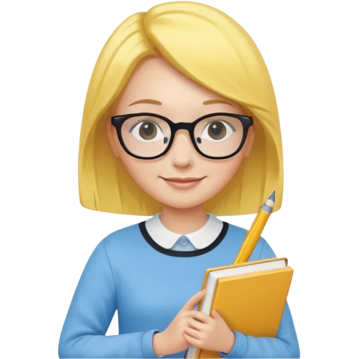 A smart and cute girl with yellow bobbed hair, wearing sky blue clothes,
I hold a book in one arm. There is a pen in the book.
He is wearing black-rimmed glasses and smiling brightly. emoji