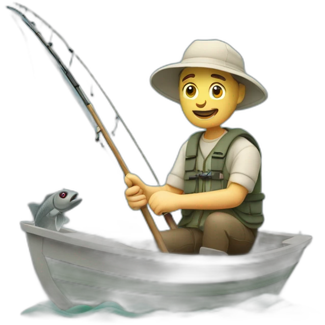 white fisherman fishing with a fishing rod in a small boat emoji