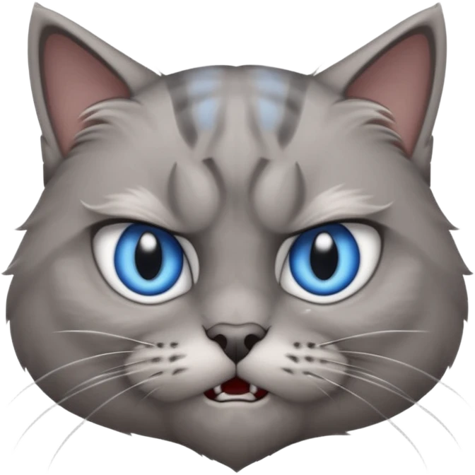 angry grey cat blue small slanted eyes. iphone real emoji style, made the cat look challenging emoji