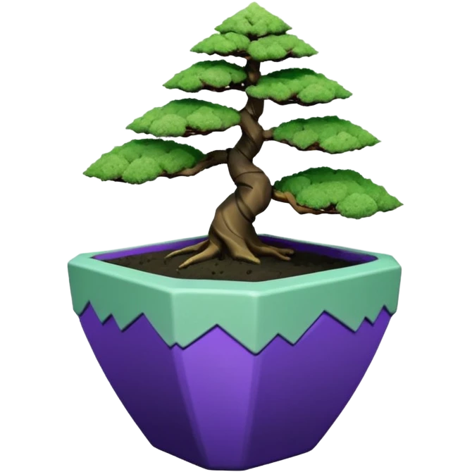  Earthenware ware small short squat cascading black green-violet bonsai pot plant purple lace-leaf pine tree with triangular angular polygonal faceted asymmetrical originally shaped pot emoji