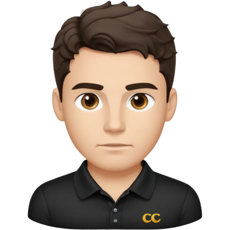 He’s a man with light to medium skin, a defined oval face, full brows, deep-set eyes, and wavy short dark brown tall hair styled with height, sides are trimmed. muscular. expression calm and focused relaxed black polo shirt. polished, articulate, and coach vibe. tall hair.  emoji